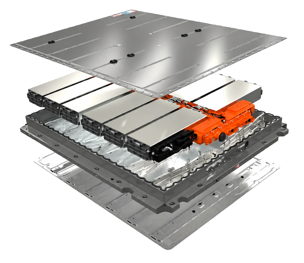 Exploded battery pack assembly showing the housing, cell modules, control electronics and structural layers integrated by the ASPIRE model